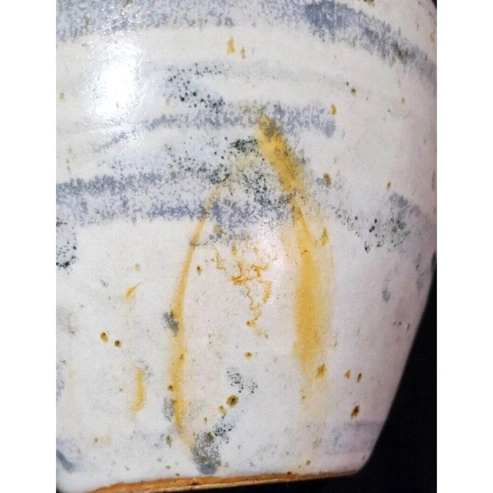Vintage Signed Studio Pottery Ceramic Speckle Glaze Blue Stripe Vase Planter Pot